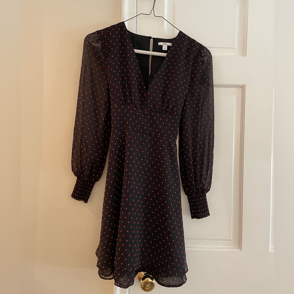 Long sleeve navy and red dot mini dress